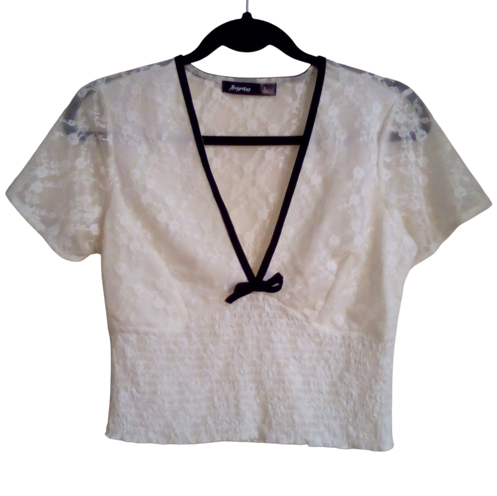 Hesperus Top Large White Crop V Neck Whimsy Floral Lace Mesh Stretch Babydoll